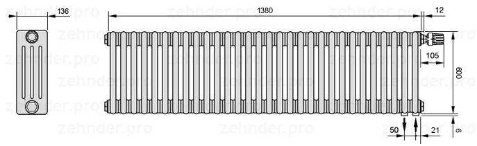 Схема (чертеж) Радиатор Zehnder Charleston 4060/30 №V002 Белый глянцевый RAL 9016